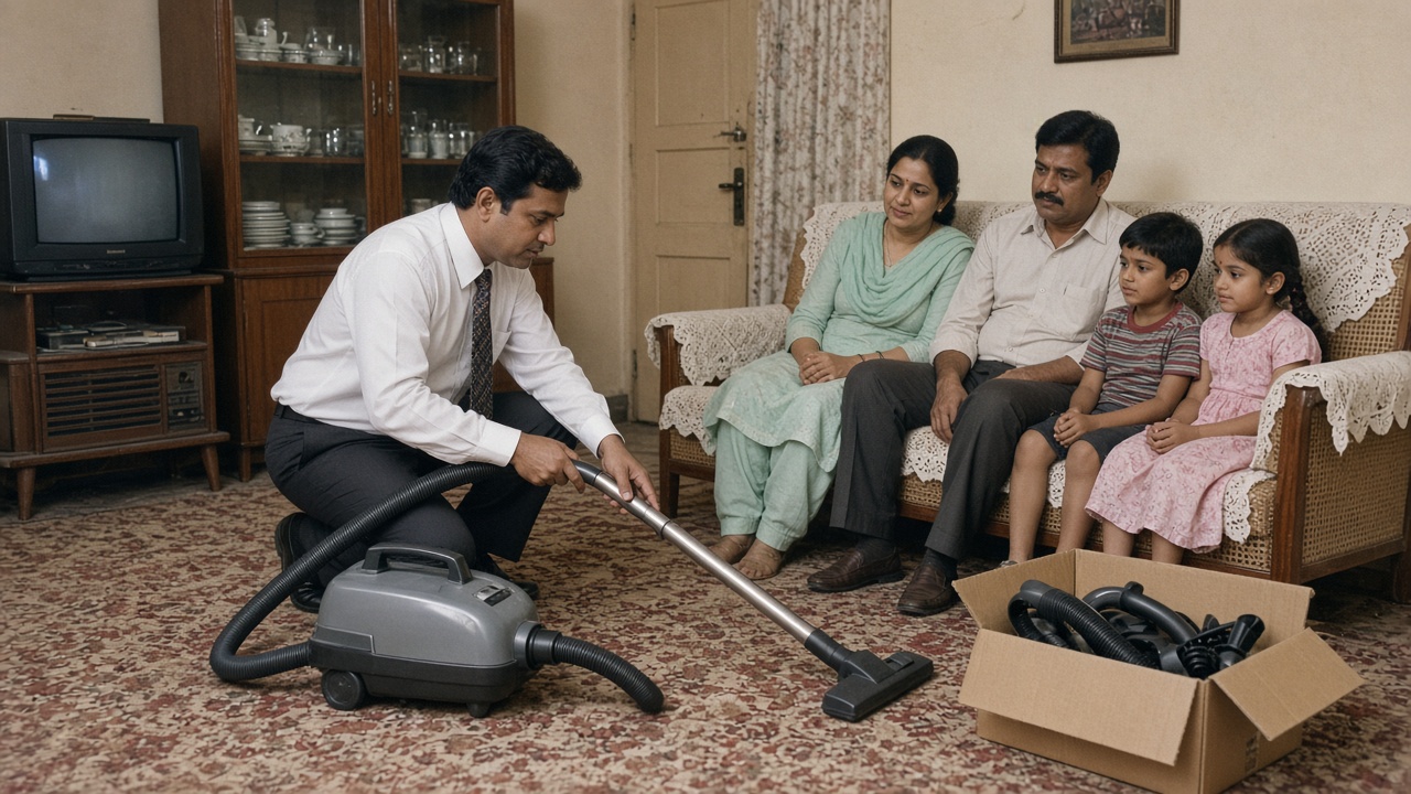 1990s living room where a salesman in a white shirt and tie kneels on a patterned carpet demonstrating a grey canister vacuum cleaner with a long hose, while a family of four watches from a cane sofa with lace covers beside a box television, a crockery showcase, and an open cardboard box of attachments