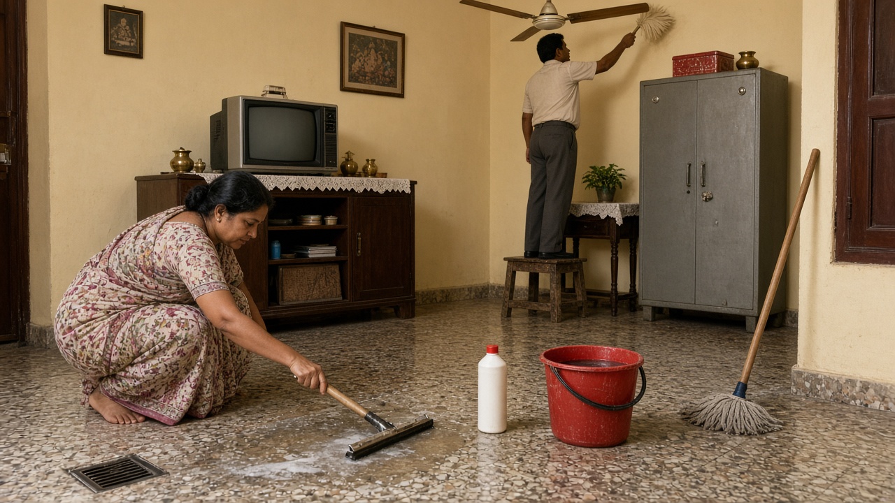 1980s apartment where a woman in a printed sari pushes soapy water across a speckled mosaic floor towards a drain with a rubber floor wiper, next to a red plastic bucket, a white bottle of floor cleaner, and a cloth mop, while a man on a stool dusts a ceiling fan with a long-handled duster beside a wooden TV cabinet and a steel almirah