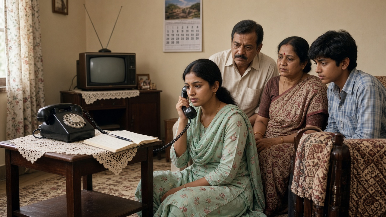 1980s living room where a young woman in a salwar kameez talks on a black rotary landline phone set on a crocheted doily, with a phone diary beside it, while her parents and brother lean in eagerly and a small television and wall calendar are in the background