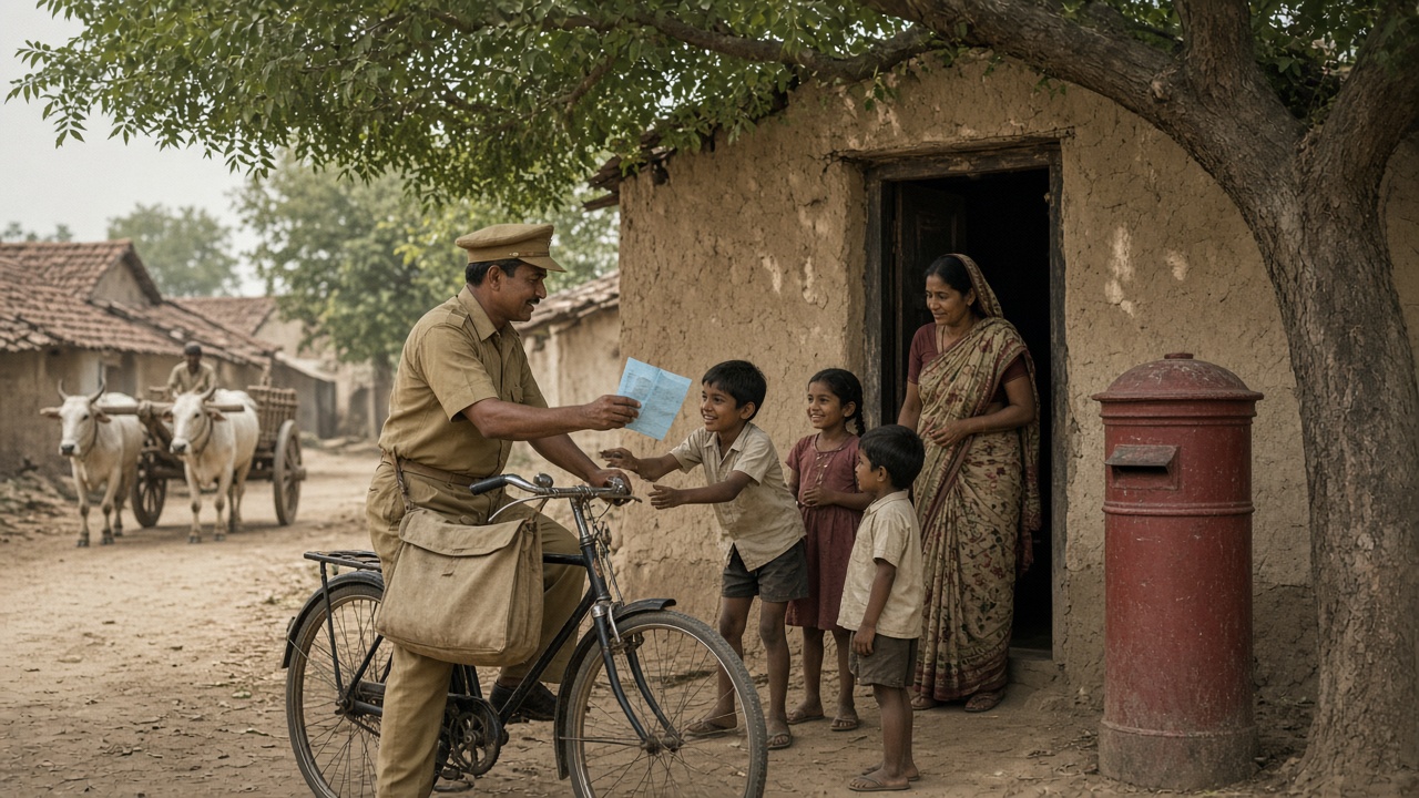 1950s village street where a postman in khaki on a black bicycle hands a blue inland letter to excited children while a woman watches from a mud-walled house, with a red pillar post box under a neem tree and a bullock cart behind