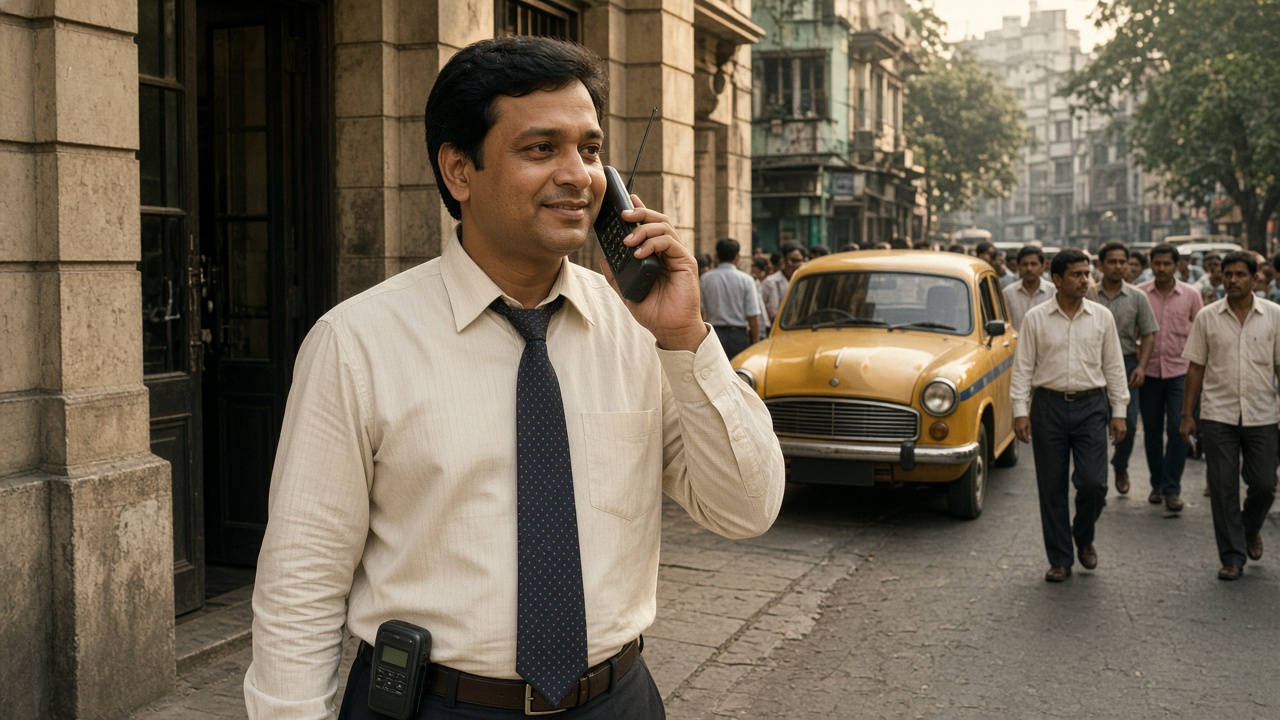 Businessman in a shirt and tie on a busy Kolkata street talking on a bulky early mobile phone with an antenna, a pager clipped to his belt, with a yellow Ambassador taxi and passers-by behind him