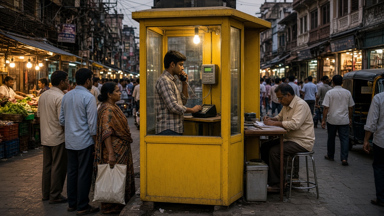 Yellow public telephone booth at a busy market corner at dusk, where a young man in a glass cubicle talks on a push-button phone beside a call-meter while a short queue waits and the booth owner writes at a desk