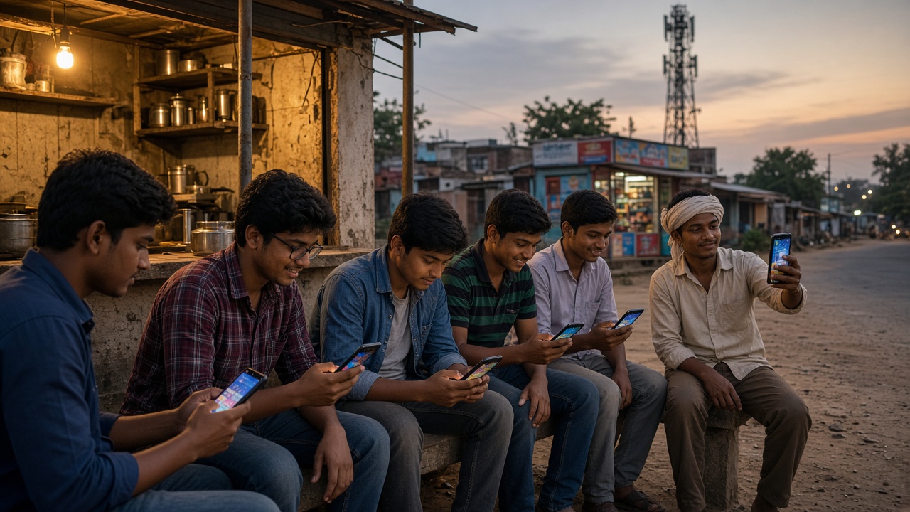 Young men and a farmer in a turban sitting at a small-town tea stall at dusk, each using a budget smartphone to chat, watch videos, or take a selfie, with a mobile recharge shop and a phone tower in the background
