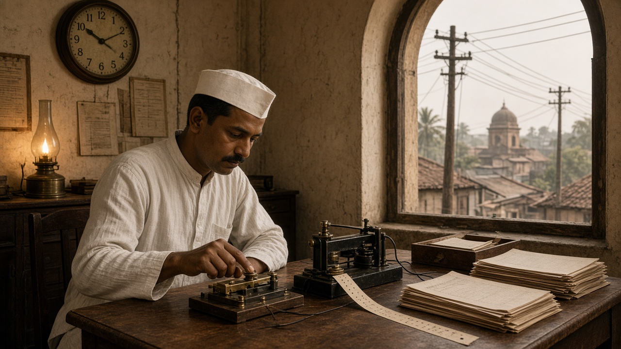 Early 1900s telegraph office where an Indian clerk in a white kurta and cap taps a brass Morse key beside a sounder and paper tape, with stacks of telegram forms, a wall clock, an oil lamp, and telegraph poles and wires visible through an arched window