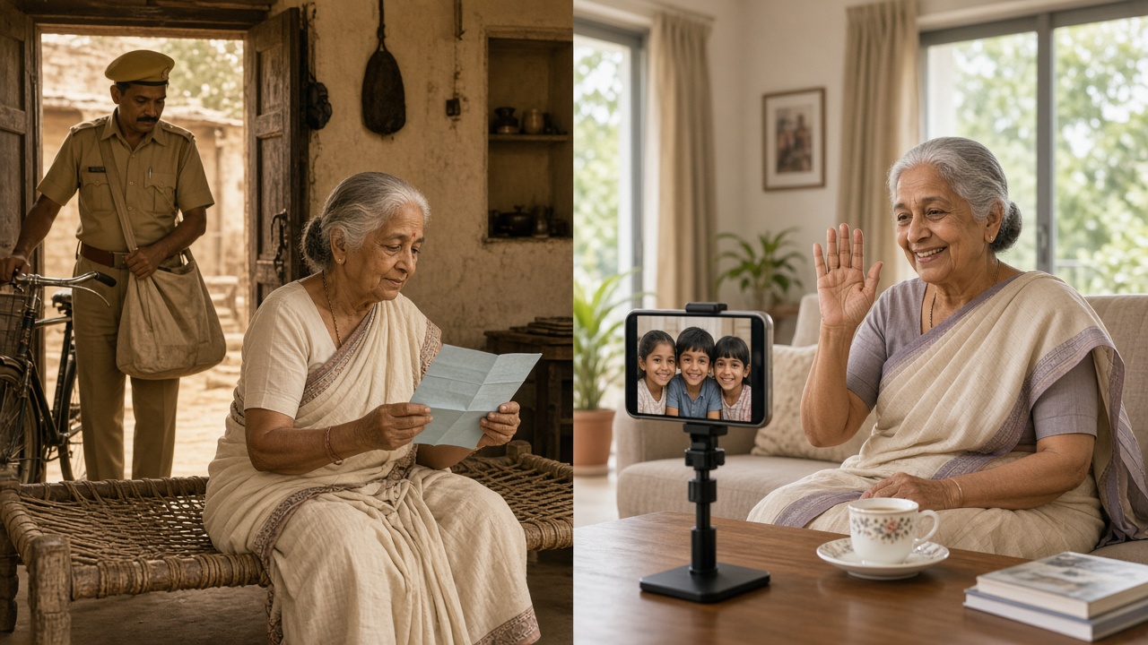 Split image with an elderly woman on a charpai reading a handwritten inland letter as a khaki-uniformed postman with a bicycle stands at the door on the left, and an elderly woman in a modern living room waving at her grandchildren on a smartphone video call on the right