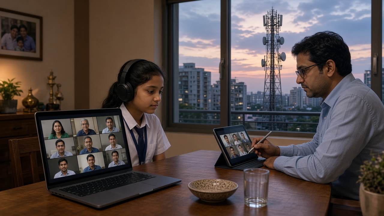 Dining table at dusk where a schoolgirl with headphones attends an online class on a laptop showing a grid of faces while her father joins a video meeting on a tablet, with a mobile tower visible through the window against a city skyline