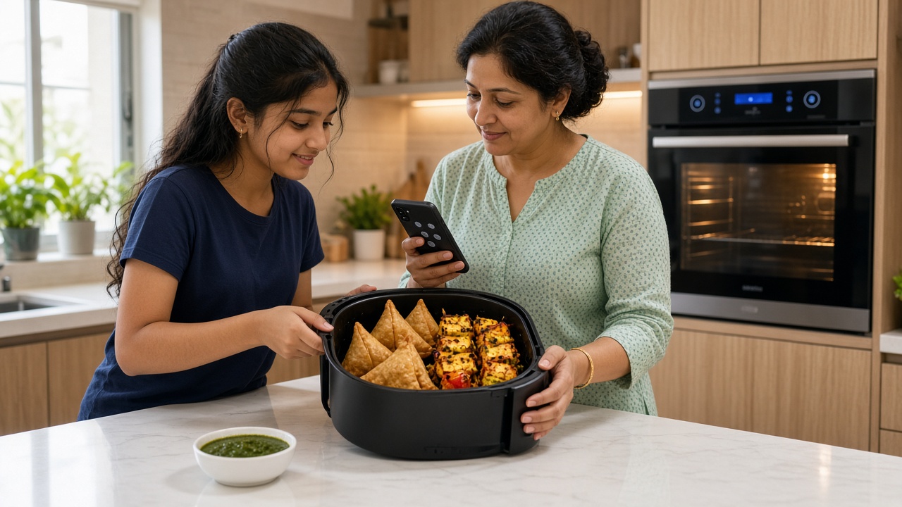 Modern kitchen where a teenage girl and her mother pull a basket of golden samosas and paneer tikka from a sleek air fryer on a white quartz counter, with a built-in smart oven glowing behind them, the mother checking a cooking app on her phone, and a bowl of green chutney