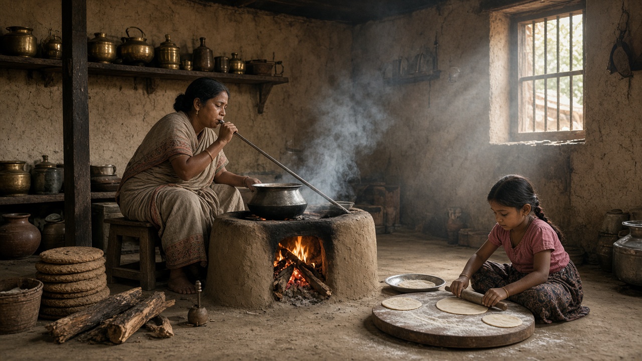 Smoky 1950s rural kitchen where a woman in a sari seated on a low stool blows through a long metal pipe into a mud chulha under a blackened pot, with cow-dung cakes and firewood stacked beside her, a girl rolling rotis on a round board, and brass vessels on shelves