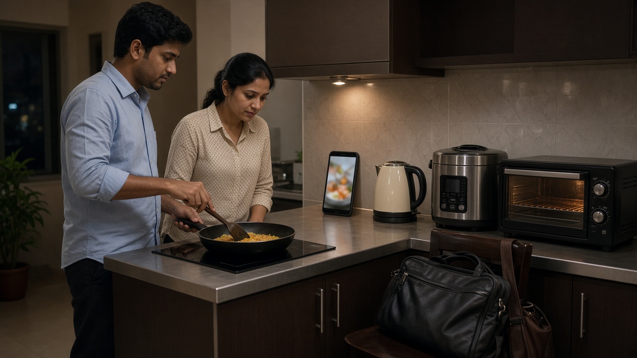 Evening in a small apartment kitchen where a young working couple cooks together, the man stirring a pan on a black induction cooktop while the woman watches a recipe video on a smartphone propped on the counter, beside an electric kettle, a multi-cooker, and an oven toaster griller, with office bags on a chair