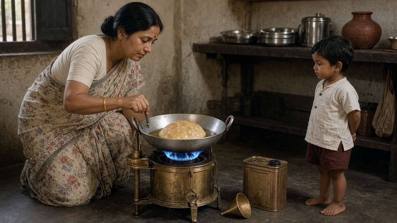 1960s town kitchen where a woman in a cotton sari pumps a brass kerosene pressure stove with a roaring blue flame under an aluminium kadhai frying a puri, with a kerosene tin and funnel on the floor, a small boy watching, and steel plates and a clay water pot on a shelf