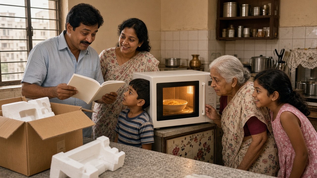1990s apartment kitchen where an excited family gathers around a brand-new white microwave oven, the father reading the instruction booklet, the grandmother peering through the glowing window at a bowl of food, and two children watching, with an open cardboard box and thermocol packing on the counter