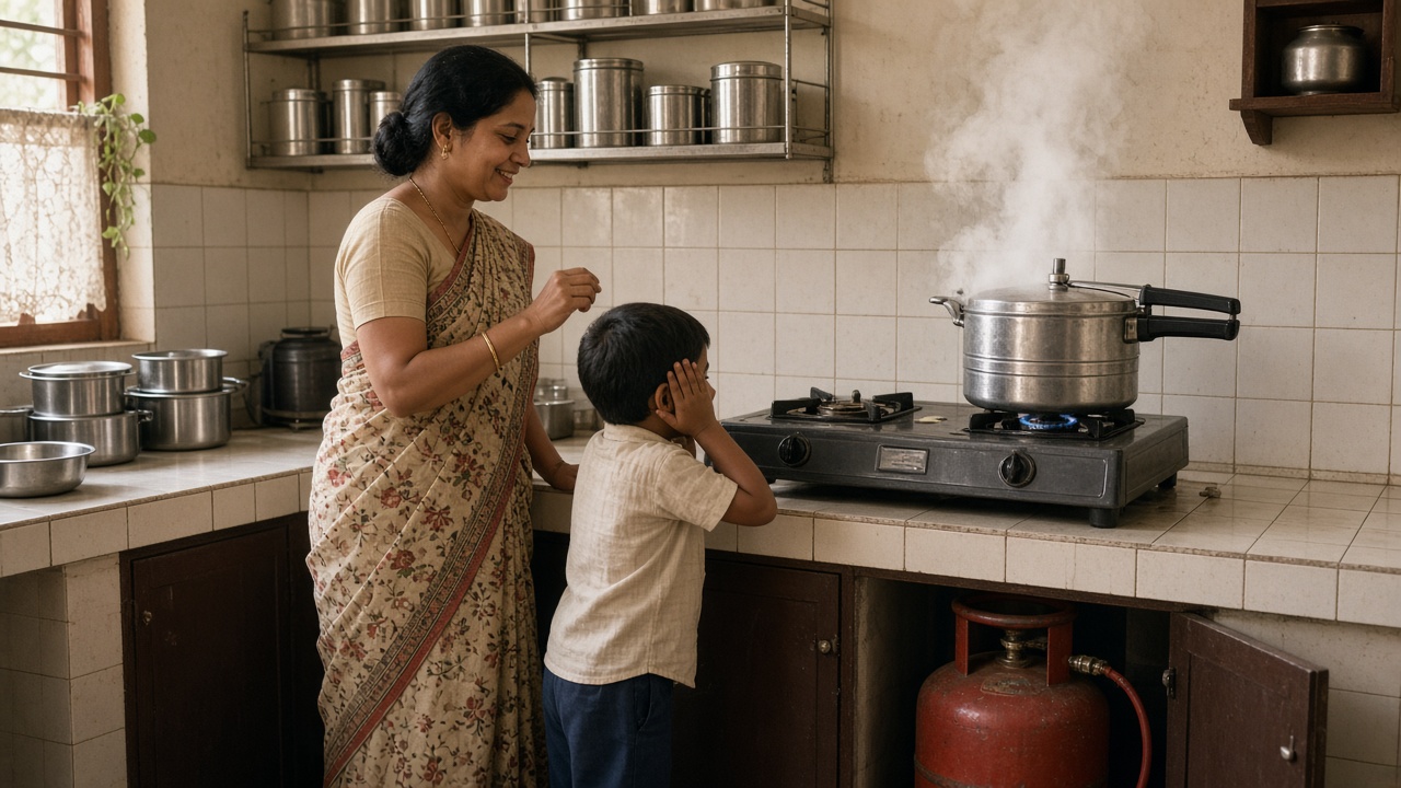 1970s kitchen where an aluminium pressure cooker releases a puff of steam on a two-burner gas stove connected to a red LPG cylinder, as a woman in a printed sari smiles and counts the whistles while her young son playfully covers his ears, with steel utensils on a wall rack