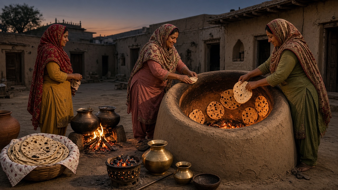 Punjab village courtyard at dusk where women in salwar kameez and dupattas slap rotis onto the inner walls of a large clay community tandoor glowing with embers, with a basket of fresh rotis, earthen pots on a wood fire, a charcoal angithi, and brass vessels nearby