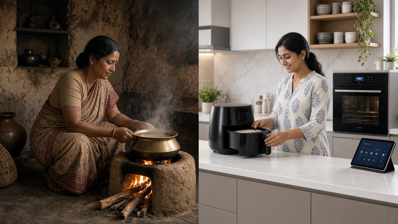 Split image with a woman in a cotton sari squatting beside a wood-fired mud chulha cooking in a brass pot in a smoke-darkened village kitchen on the left, and a smiling woman in a kurta opening an air fryer in a bright modern kitchen beside a built-in smart oven and a tablet on the right