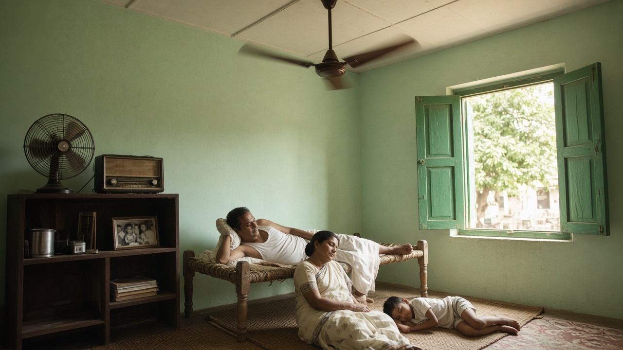 1960s home with pale green walls where a brown three-blade ceiling fan spins above a man resting on a woven cot, a woman and a child resting on floor mats, a black table fan and valve radio on a wooden shelf, and green wooden window shutters open to a tree outside
