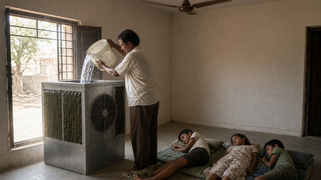 1980s room with a large grey sheet-metal desert cooler set against an open window, with green khus pads on its sides, a man pouring a bucket of water into its tank, and three children lying on mattresses on the floor in front of it