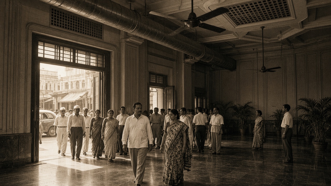 Sepia scene of a grand art deco cinema lobby with large metal air ducts along the ceiling and black ceiling fans, as men in white shirts and women in saris walk in from a hot, sunny street with vintage cars
