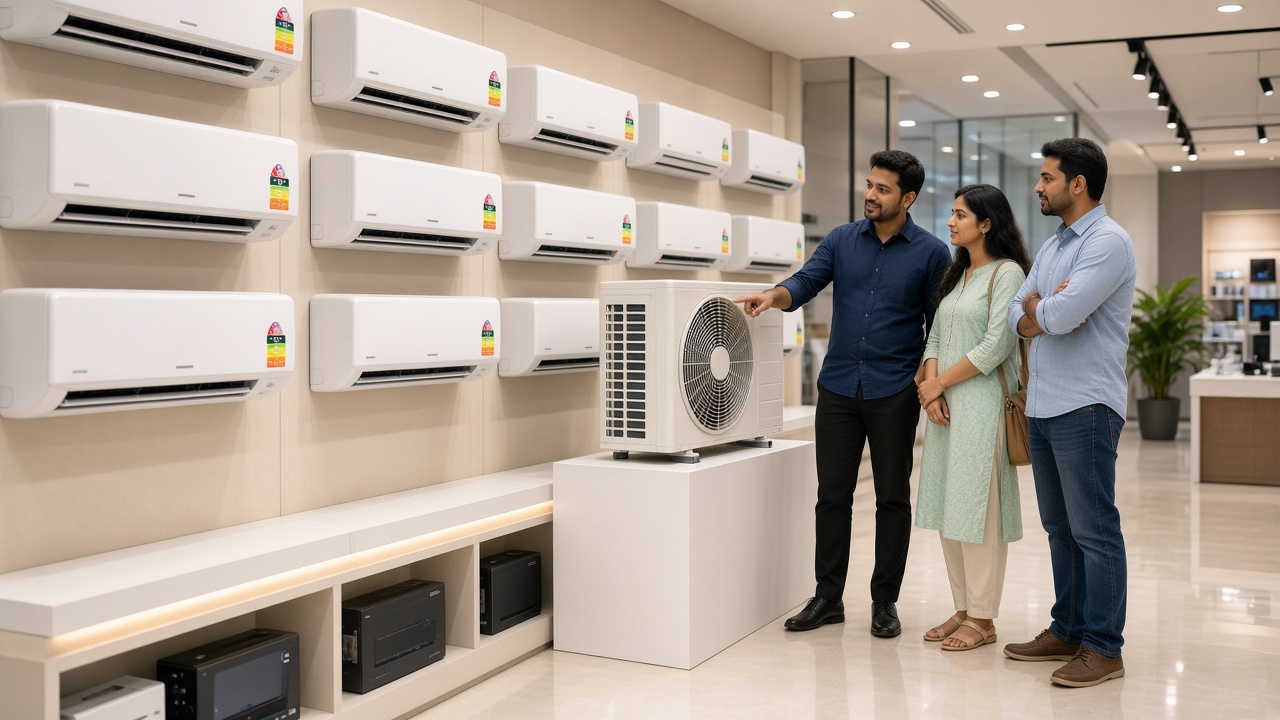 Bright electronics showroom with rows of white split air conditioners on the wall, each with a colourful energy-rating sticker, and a salesman pointing at an outdoor compressor unit while a young couple and another customer listen