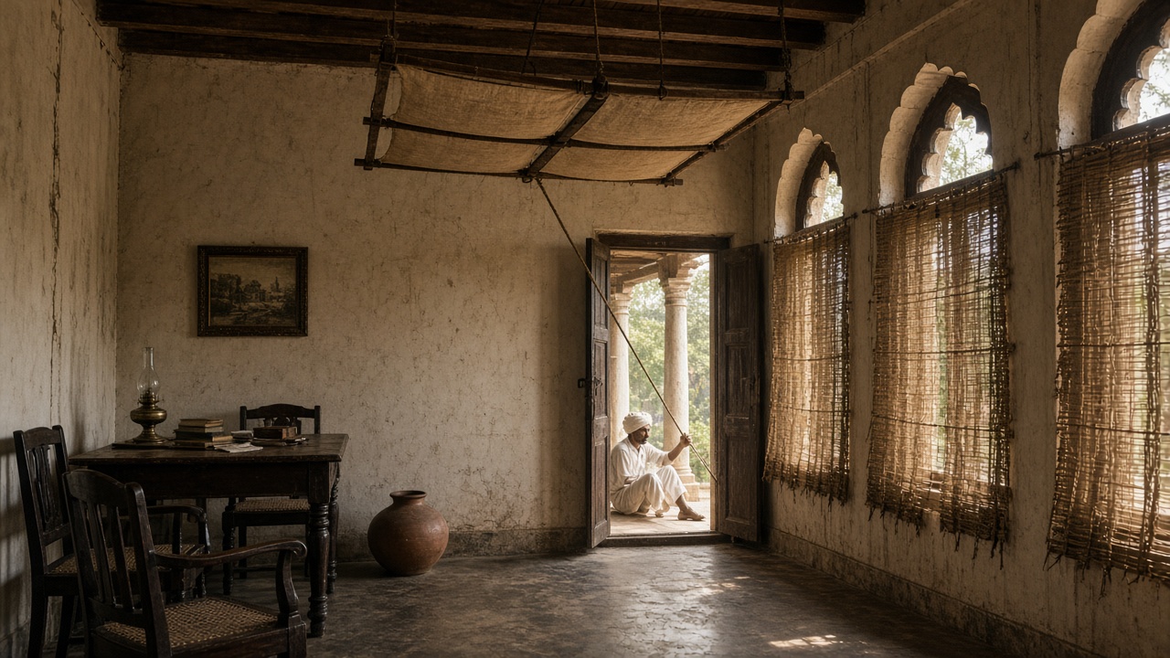High-ceilinged 19th-century room with a large cloth punkah fan hanging from the wooden beams, a punkah-wallah in a white turban sitting outside the doorway pulling its rope, wet khus grass screens in the arched windows, and a clay water pot on the floor