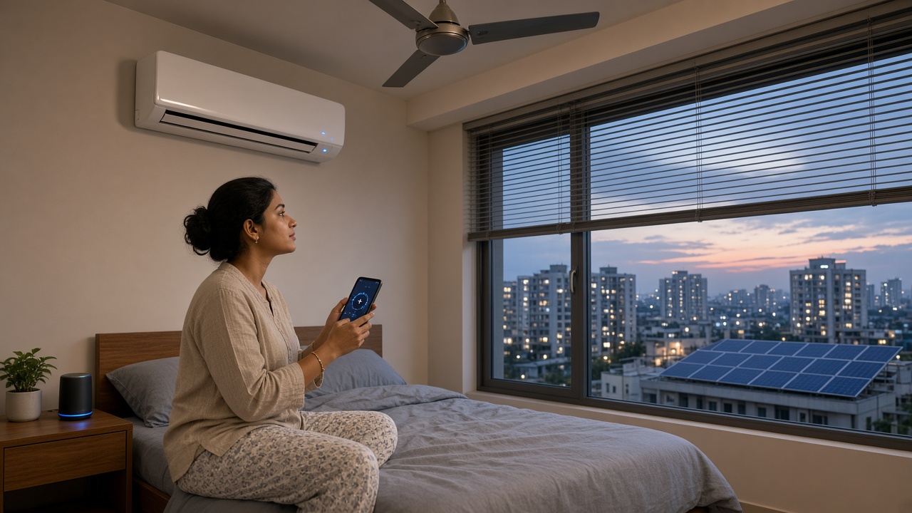 Modern apartment bedroom at dusk where a young woman sitting on the bed adjusts a white split AC using a temperature dial on her smartphone, with a smart speaker on the bedside table, a slim BLDC ceiling fan, and rooftop solar panels visible on a nearby building