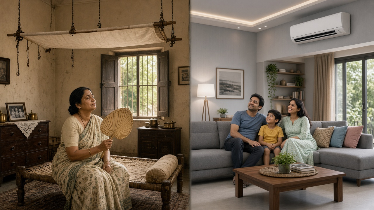 Split image with an older woman in a cotton sari fanning herself with a woven palm-leaf fan under a cloth punkah in an old room on the left, and a family relaxing on a sofa under a white split air conditioner in a modern apartment on the right