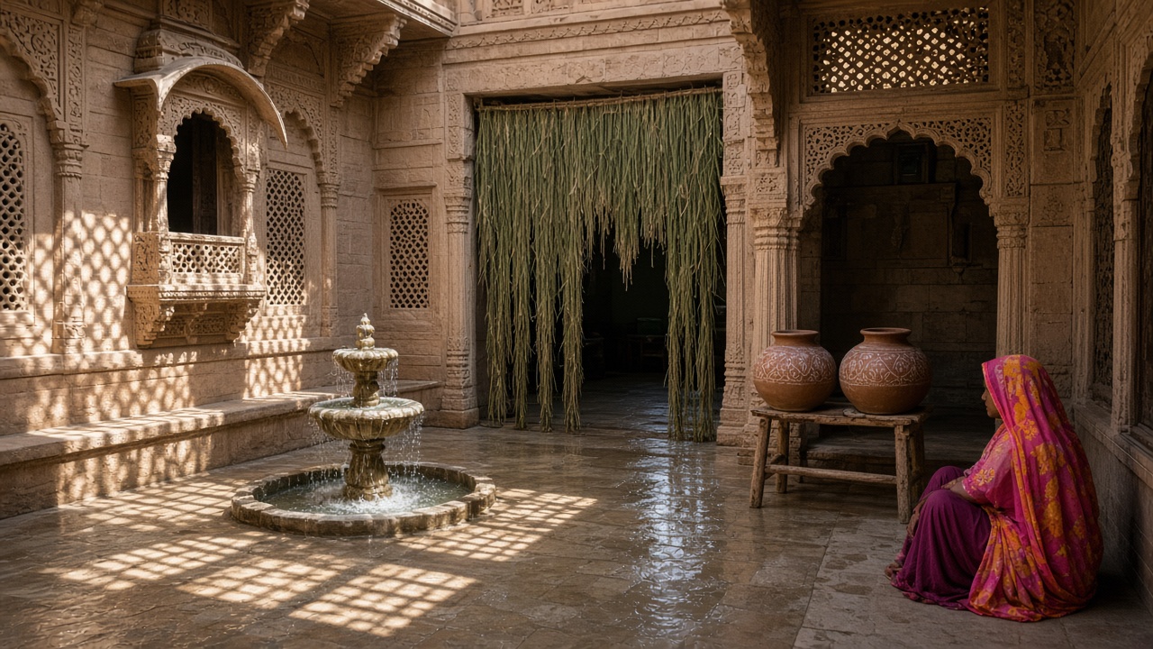 Carved sandstone haveli courtyard with jaali lattice windows casting patterned shade, a small stone fountain, wet khus grass strands hanging in a doorway, two large decorated clay water pots on a wooden stand, and a woman in a bright pink odhni sitting in the shade