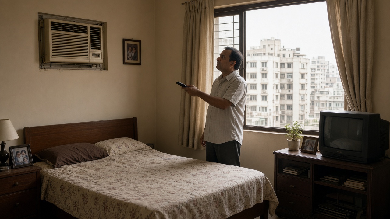 Late-1990s city bedroom with a beige window air conditioner set into the wall above a wooden bed, a man pointing a remote at it, a boxy CRT television on a cabinet, and apartment blocks visible through the window