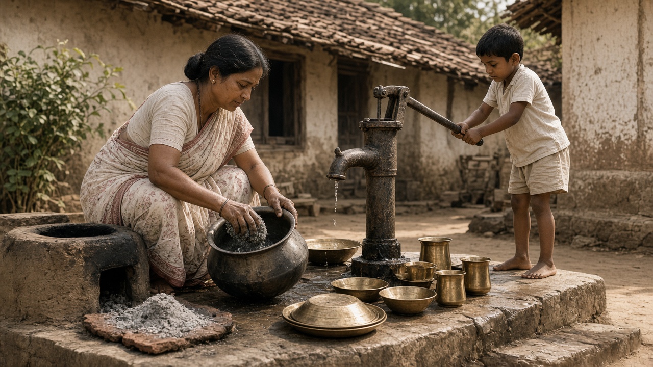 1950s village courtyard where a woman in a sari squats on a stone platform by an iron hand pump scrubbing a blackened pot with grey ash from a mud chulha, a heap of ash on a broken tile, brass tumblers and plates drying upside down, and a young boy working the pump handle