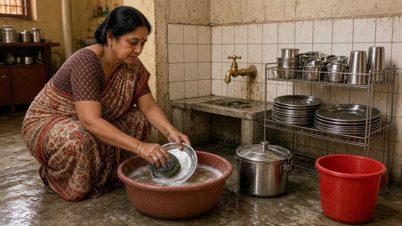 1970s–1980s town kitchen washing corner where a woman in a printed sari squats beside a brass tap and a plastic tub of soapy water, scrubbing a stainless steel plate with a steel-wool scrubber and a green dishwash bar, with stacked steel plates, bowls, and tumblers on a wire rack, a pressure cooker, and a red bucket