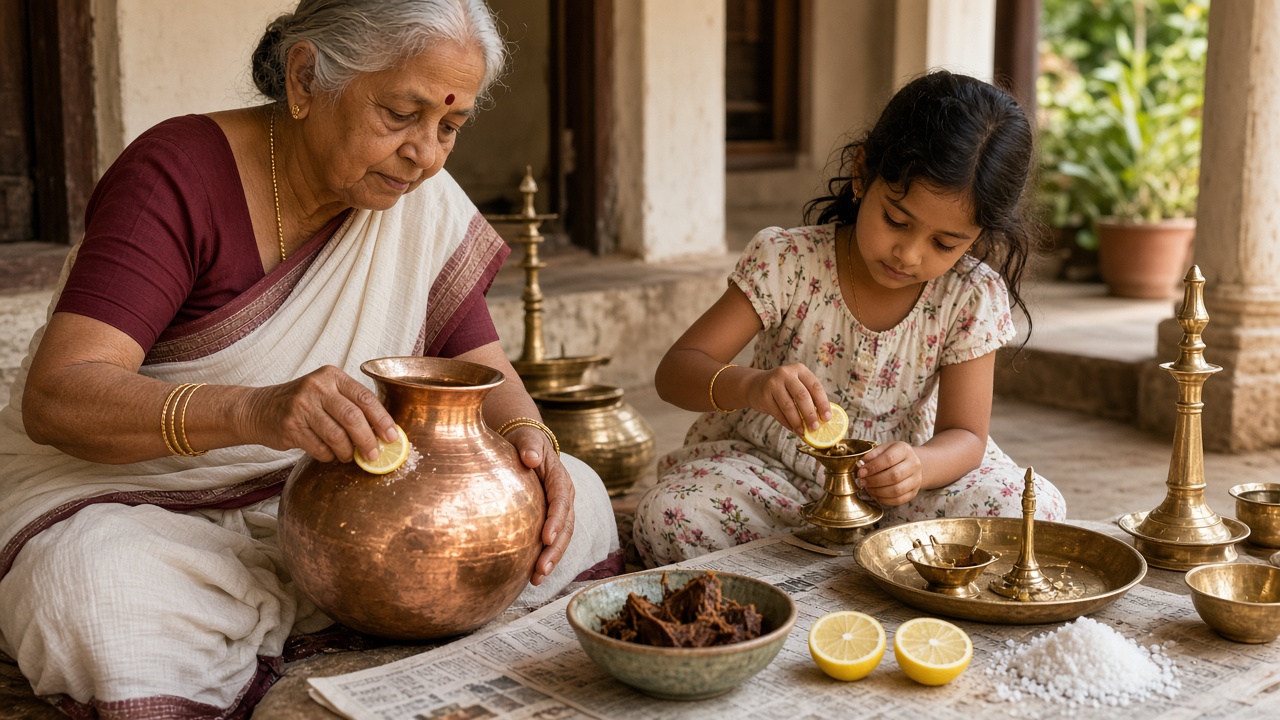 Grandmother and granddaughter on a verandah polishing a copper water pot and brass lamps with halved lemons, with a bowl of tamarind, lemon halves, and a heap of salt on newspaper beside a brass plate and vessels