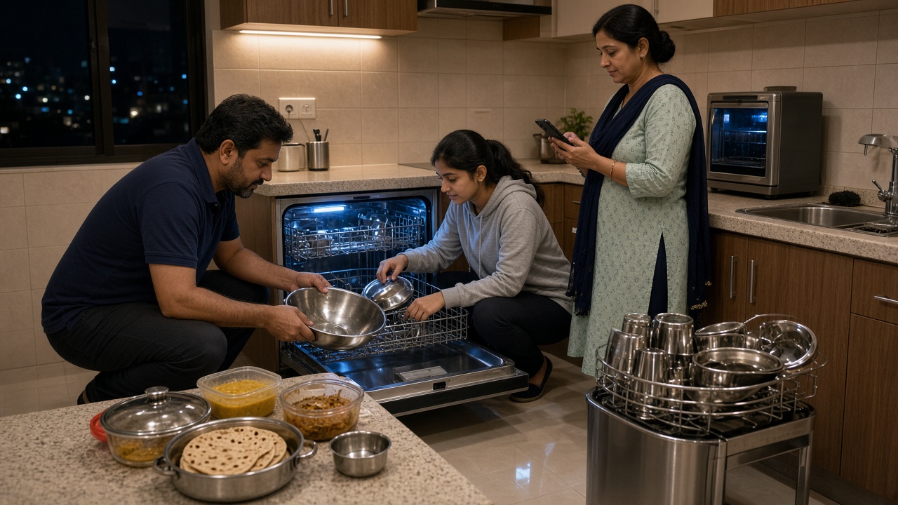 2020s family kitchen at night where a father and teenage daughter load steel bowls, a kadhai, and katoris into an open dishwasher with blue interior lights while the mother checks a smartphone, with leftover dal and rotis on the counter, a steel rack of tumblers, and a compact countertop appliance