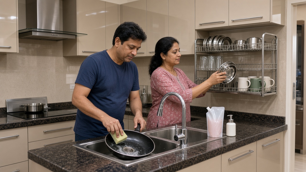 2010s modular kitchen with glossy cabinets and a double-bowl steel sink where a man rinses a non-stick pan with a sponge while his wife arranges steel plates and glasses on a wall-mounted steel dish rack, beside a refill pouch of dish gel, a pump dispenser, a chimney hood, and an induction cooktop