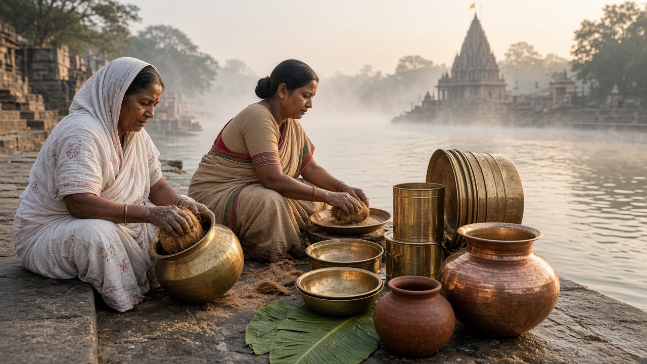 Two women in cotton saris scouring large brass and copper pots and plates with sand and coconut husk fibre on the stone steps of a misty river ghat, with shining vessels, a clay pot, and banana leaves beside them and a temple spire in the background