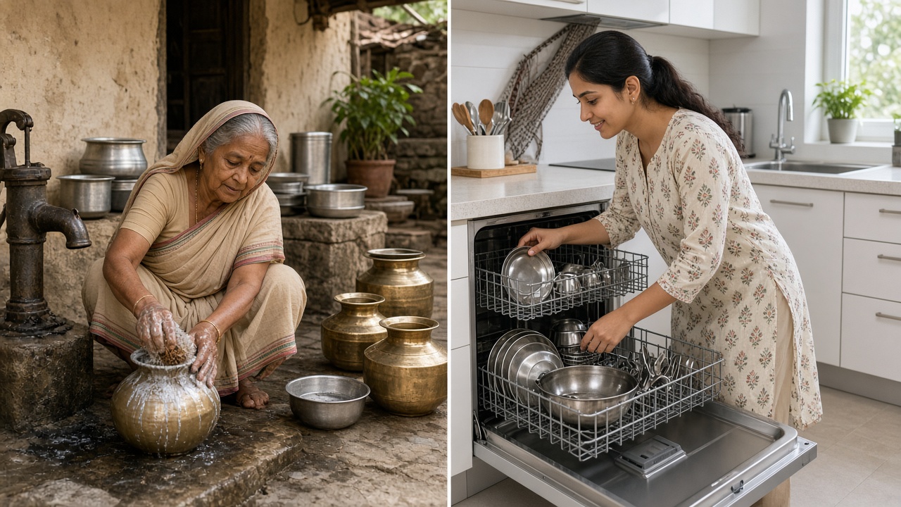 Split image with an elderly village woman in a sari squatting beside a hand pump and scrubbing a brass pot with ash and coconut coir among brass and steel vessels on the left, and a young woman loading steel plates, bowls, and a kadhai into an open dishwasher in a bright modular kitchen on the right