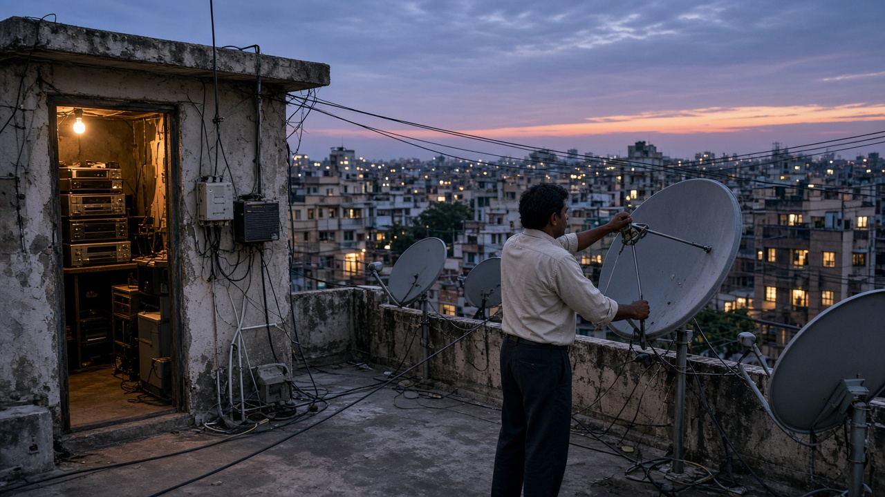 Dusk on a 1990s city rooftop where a local cable operator adjusts a large satellite dish among several others, with black coaxial cables strung to neighbouring buildings and a small control room with stacked amplifiers and VCRs visible through the open door