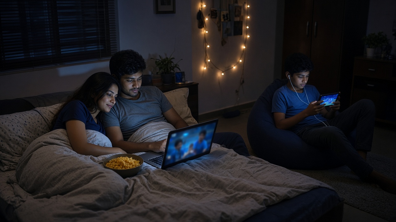 Night-time bedroom where a young couple curled up on a bed binge-watches a web series on a laptop with a bowl of snacks, while a teenage boy with earphones watches a cricket stream on his phone from a bean bag, lit by fairy lights and screen glow