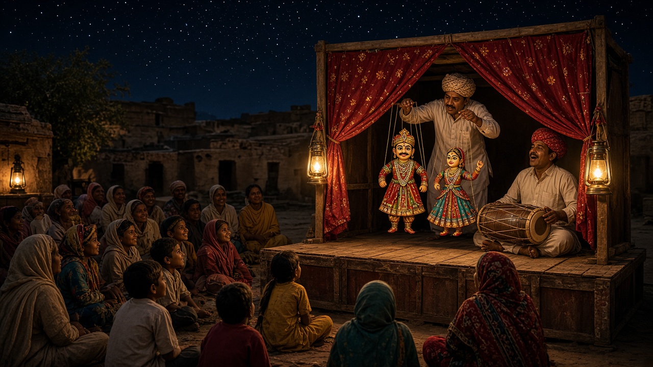 Night-time village scene in Rajasthan where a puppeteer in a turban works colourful wooden kathputli puppets of a king and a dancer on a small stage with red curtains lit by lanterns, while a dholak drummer sings and villagers and children sit on the ground watching