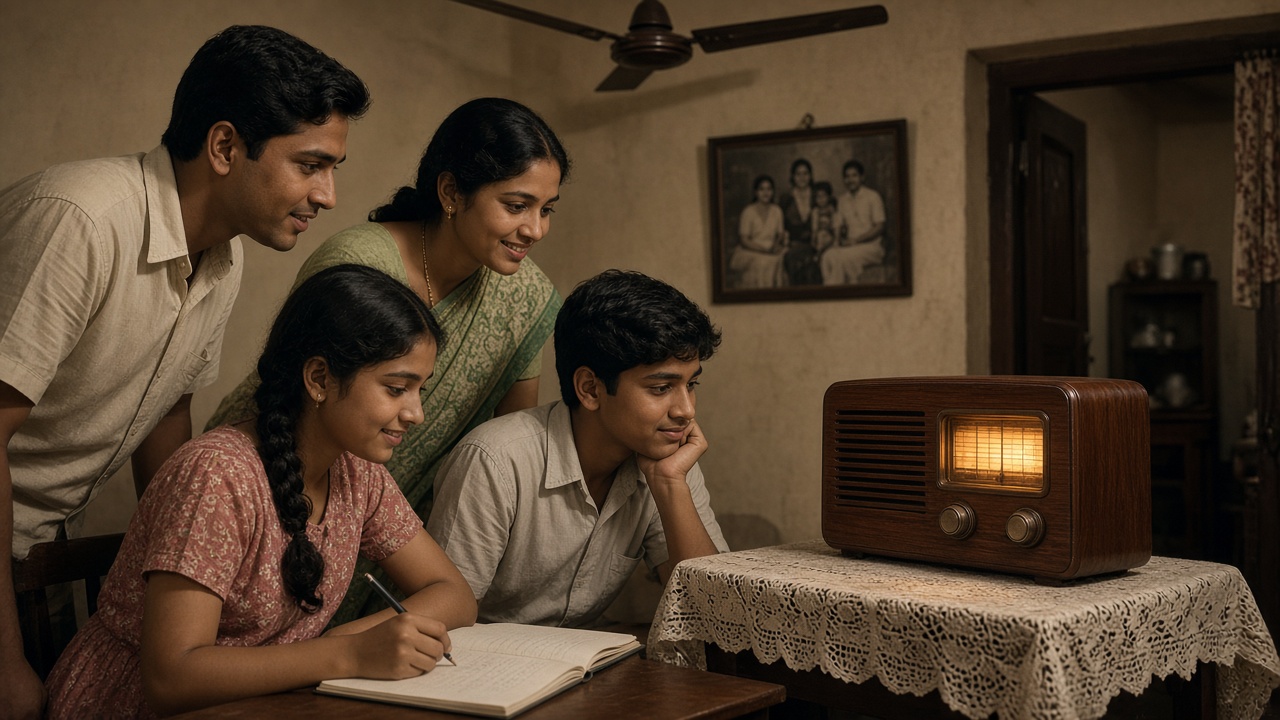 Vintage 1950s home where a young couple and two teenage siblings lean eagerly towards a polished wooden valve radio with a glowing dial on a lace-covered table, the sister writing a song countdown in a notebook, with a ceiling fan and framed family portrait behind