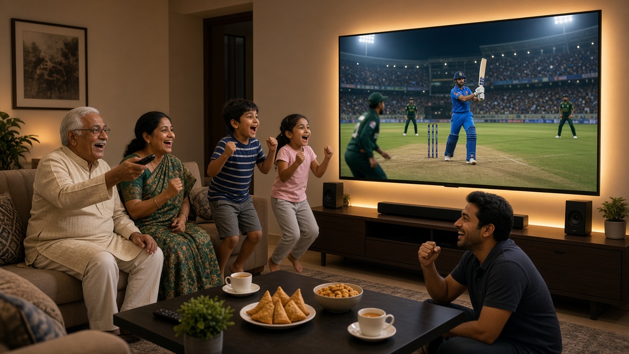 Modern living room where a grandfather holding a voice remote, a mother in a sari, two jumping children, and a father cheer at a cricket match streamed on a very large thin smart TV with a soundbar, speakers, and LED backlighting, with samosas and tea on the coffee table