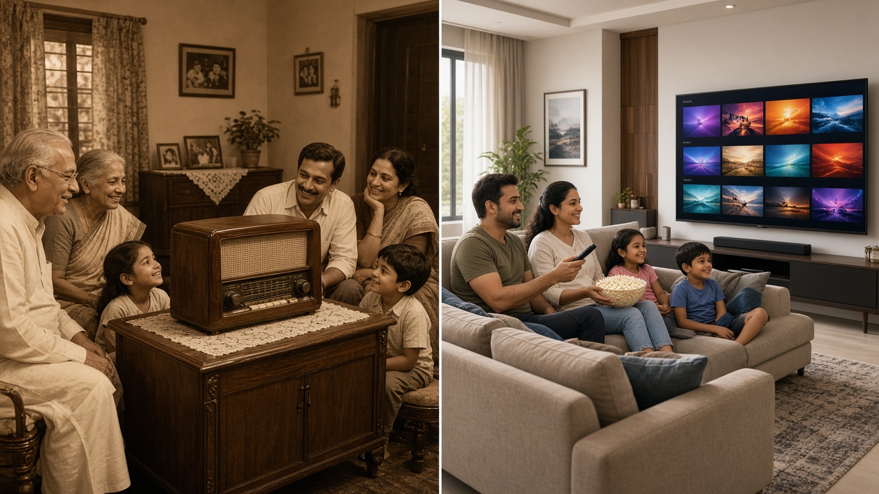 Split image with a 1950s family of grandparents, parents, and children gathered happily around a wooden valve radio on a lace-covered cabinet on the left, and a modern family on a sofa with a bowl of popcorn watching a large wall-mounted smart TV showing a grid of streaming tiles on the right