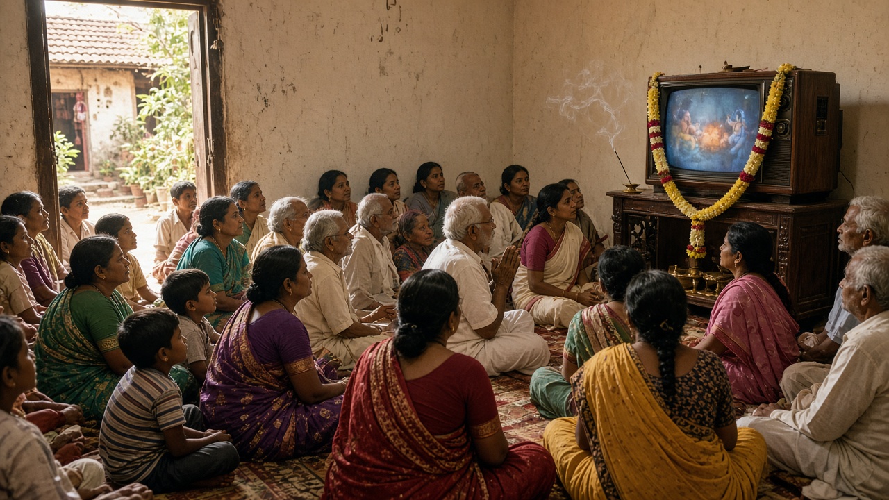 Modest 1980s home packed with more than twenty neighbours, including elders, women in saris, and children, sitting on the floor and at the open doorway watching a mythological serial on a wooden-cabinet colour TV decorated with a marigold garland and an incense stick, some elders with folded hands