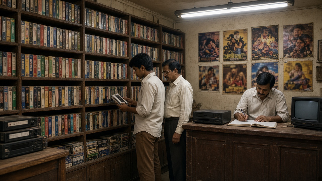 Small 1980s video rental shop with wooden shelves packed floor to ceiling with VHS cassettes, a shopkeeper writing in a register at a counter beside a top-loading VCR and a small TV, and a young man and his father choosing cassettes beneath film posters