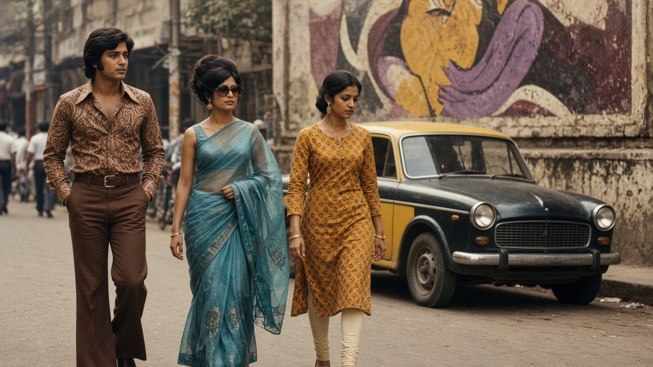 1970s Indian city street where a young man in brown bell-bottoms and a paisley shirt with a wide collar walks beside a woman in a sheer blue sari, sleeveless blouse, bouffant hair, and large sunglasses and a woman in a mustard printed kurta with churidar, with a black-and-yellow taxi and a painted wall behind them