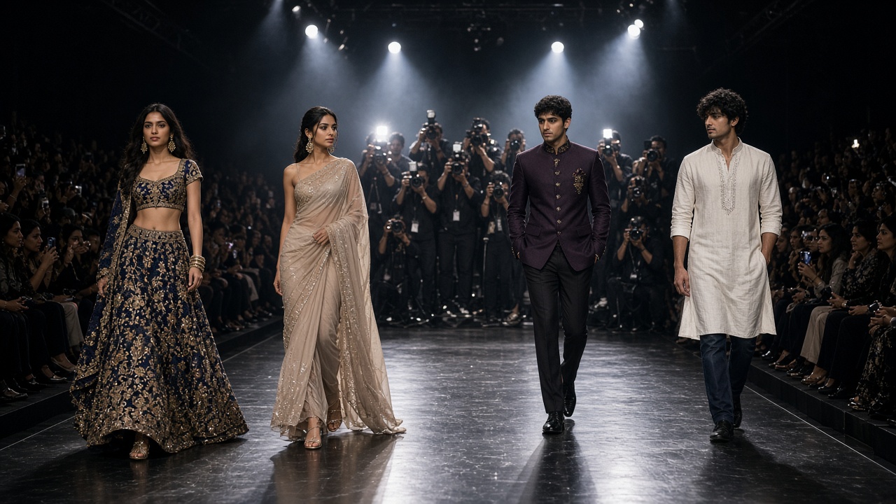 Indian fashion week runway under bright stage lights where models walk in a navy and gold embroidered lehenga with a crop top, a beige sequinned sari, a purple bandhgala jacket with trousers, and a white kurta over jeans, with photographers crowded at the end of the ramp