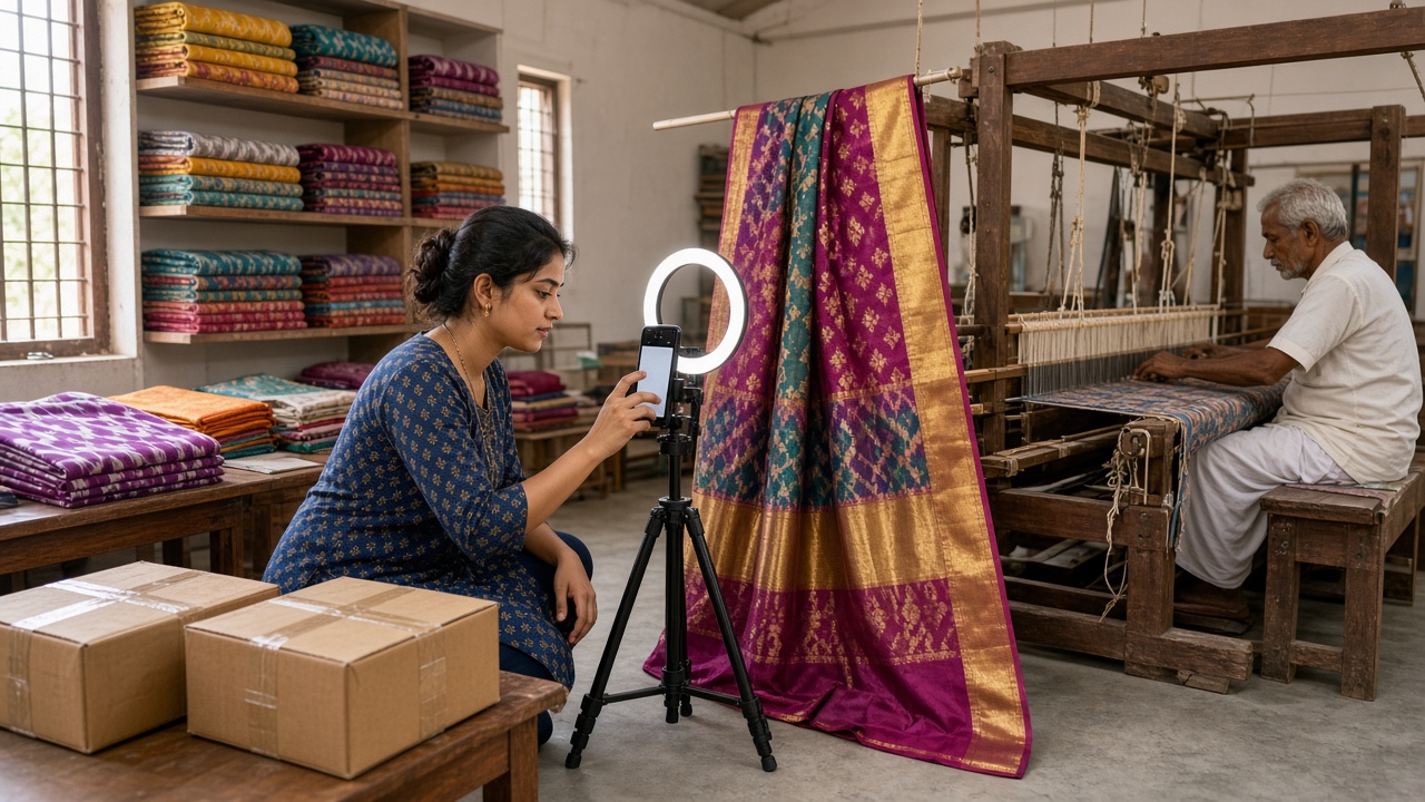 Bright handloom workshop where a young woman photographs a magenta, teal, and gold handwoven silk sari with a smartphone on a tripod with a ring light, parcels on the table in front, shelves of folded fabrics behind her, and an elderly weaver working at a wooden loom