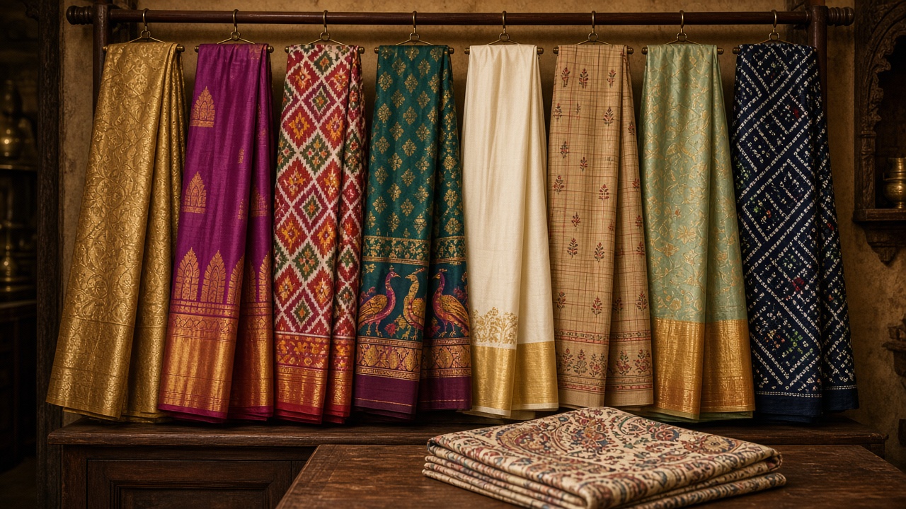 Eight Indian handloom saris hanging side by side on a wooden rod in a heritage shop — a gold brocade silk, a purple silk with a temple border, a red geometric ikat, a green sari with peacock border, a white sari with gold border, a checked cotton, a pale green silk with zari border, and a navy tie-dye — with a folded paisley shawl on the table