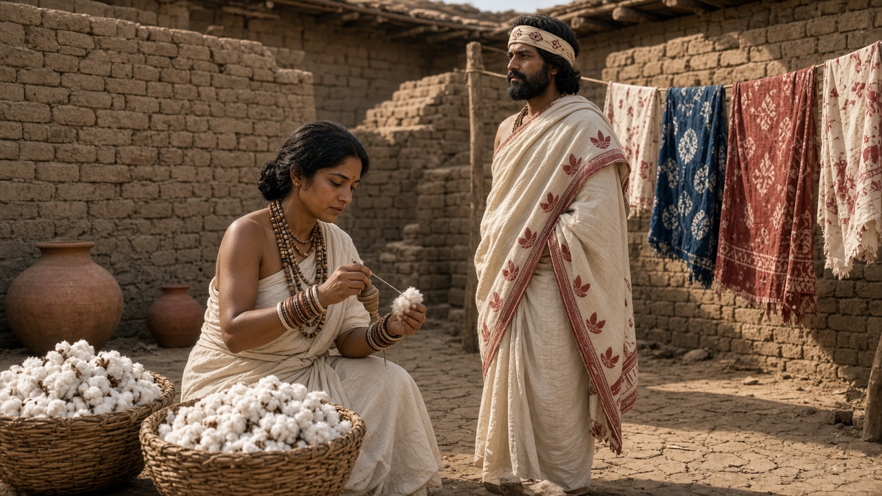 Harappan mud-brick courtyard where a woman wearing bead necklaces and many bangles spins raw cotton from baskets of cotton bolls, a bearded man wears a cream shawl with a red trefoil pattern and a headband, and cotton cloths dyed red and indigo dry on a line