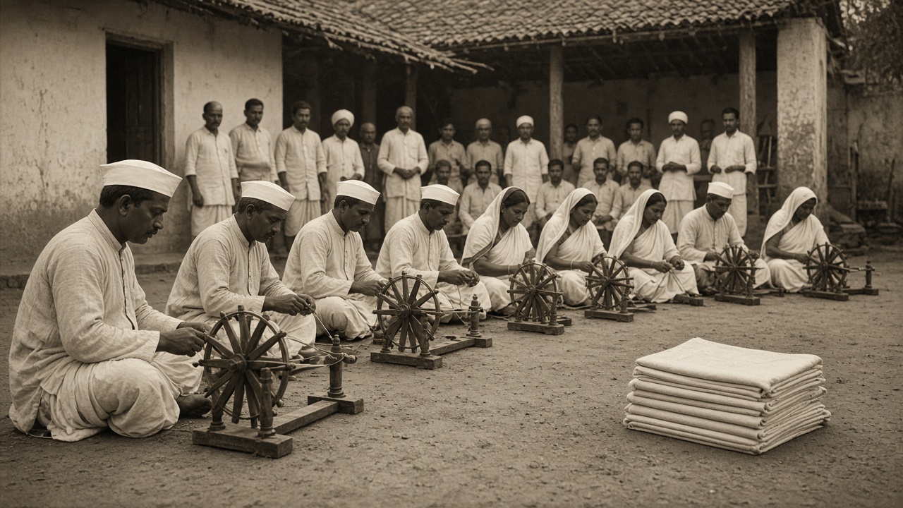 Sepia 1930s village courtyard where men in white khadi kurtas and caps and women in white khadi saris sit in a row spinning cotton on wooden charkhas, a stack of folded khadi cloth in front, and a crowd watching
