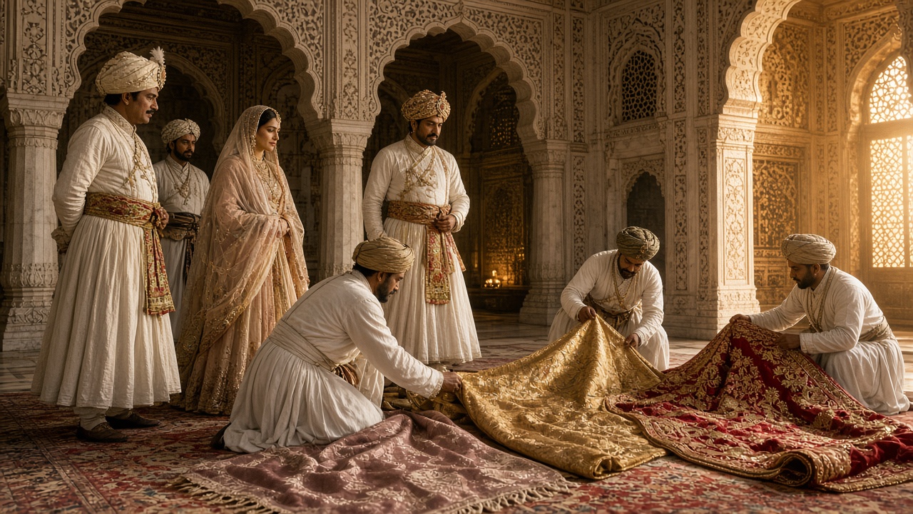 Mughal palace hall with carved marble arches where nobles in long white flared jamas, embroidered sashes, and jewelled turbans and a noblewoman in a sheer embroidered gown and veil watch attendants unroll gold brocade and red embroidered silk on a carpet