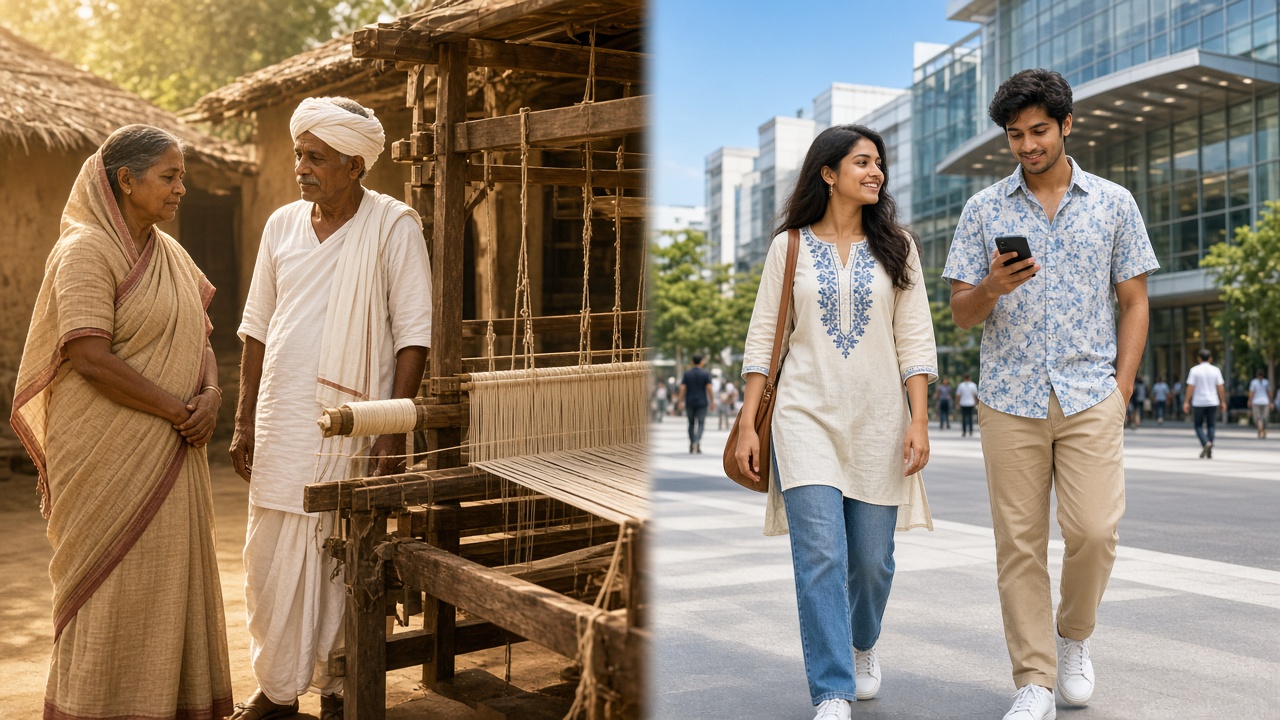 Split image with an elderly village couple on the left, the woman in a handwoven cotton sari and the man in a white dhoti, angavastram, and turban beside a wooden handloom, and a young city couple on the right, the woman in an embroidered kurti with jeans and sneakers and the man in a printed shirt and chinos holding a smartphone